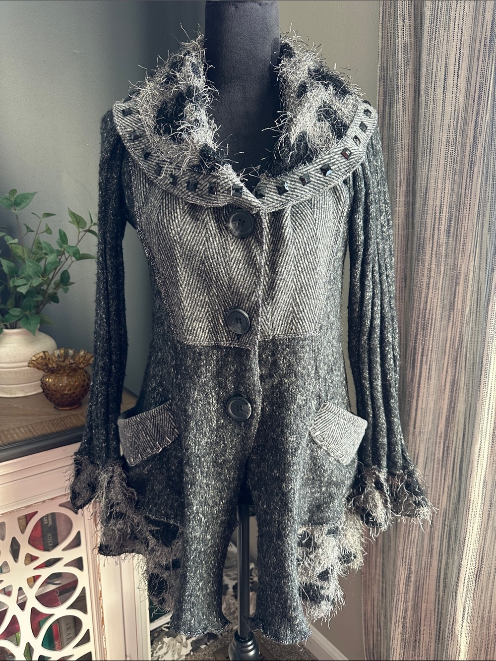 Sioni Patchwork Textured Long Cardigan Sweater Jacket Size L